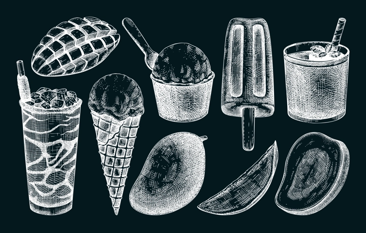 Mango and desserts sketches on chalkboard. Summer food hand drawn vector illustrations. Tropical fruit, ice cream, cocktails, sorbet, gelato drawings. Sweet food design elements for labels, packaging